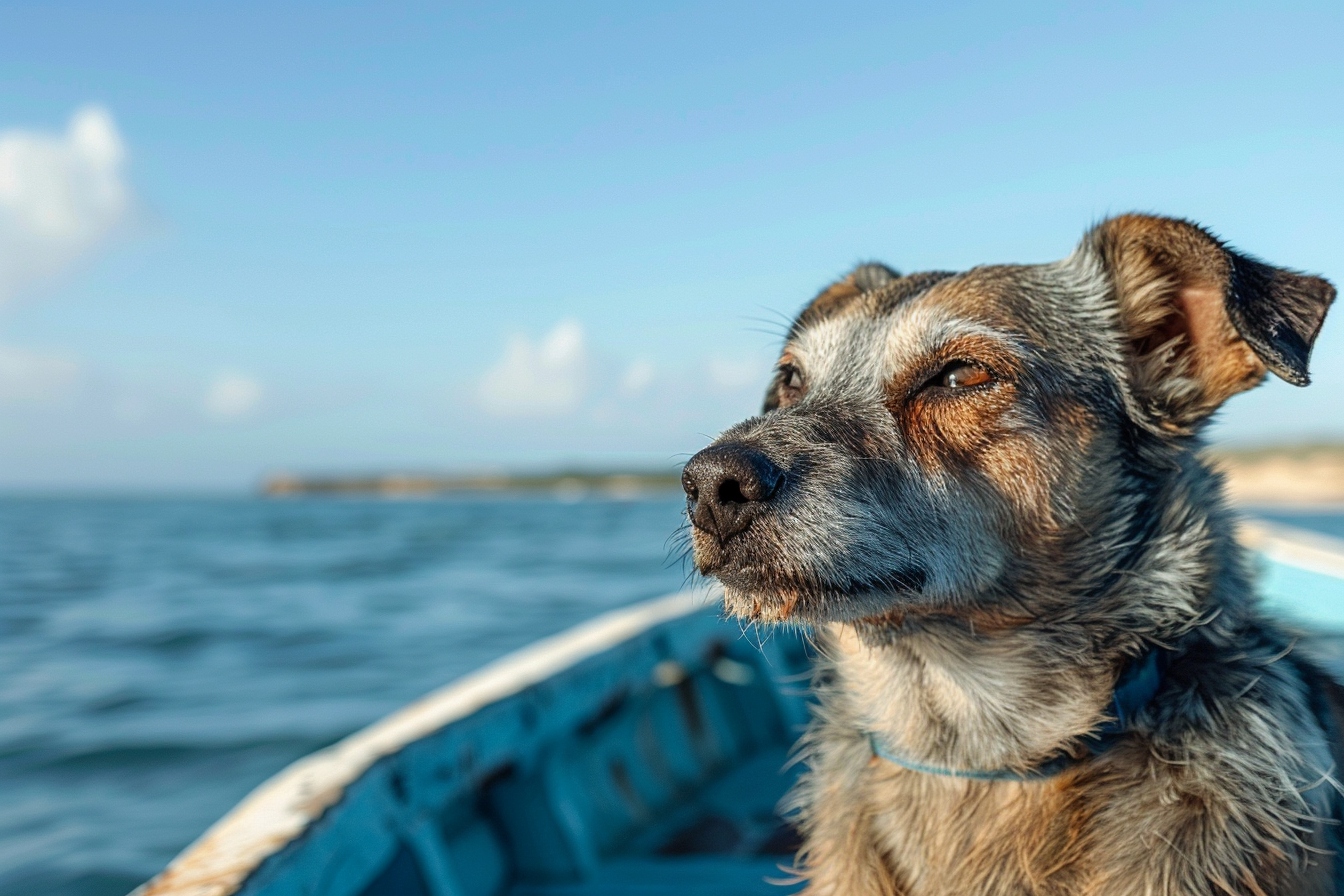 Vieux chien heureux portant un bandana, assis tranquillement dans un bateau naviguant à Mamoudzou, symbolisant un déménagement zen avec un animal de compagnie âgé.