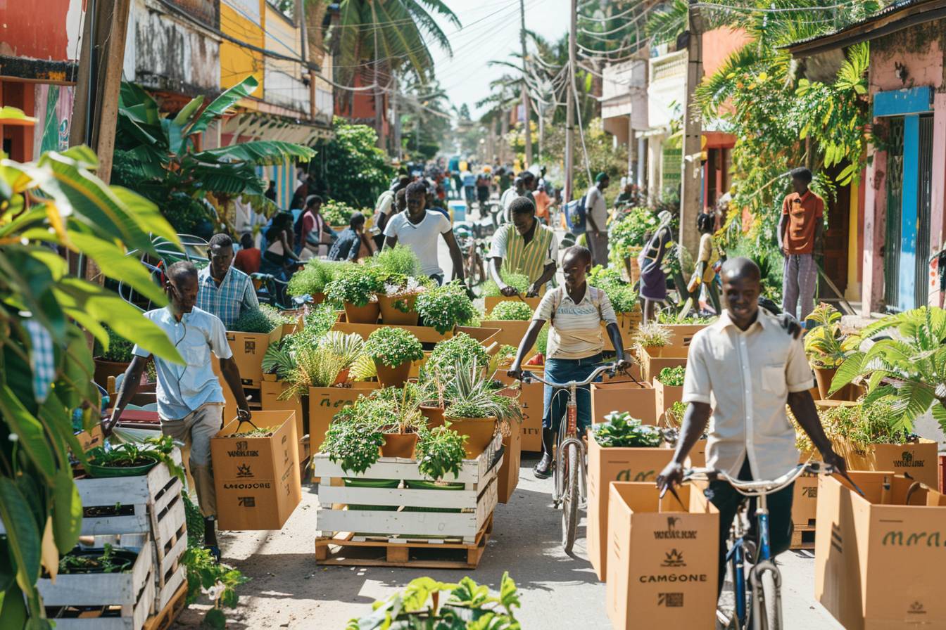 Camion de déménagement électrique chargé de cartons recyclables à Mamoudzou pour un déménagement éco-responsable